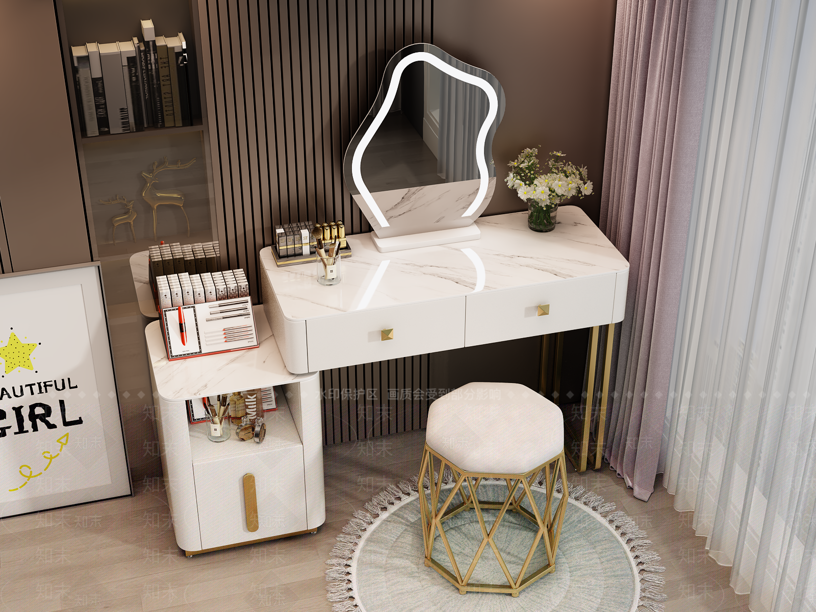 现代妆台妆凳组合3D模型下载【ID:1132992711】