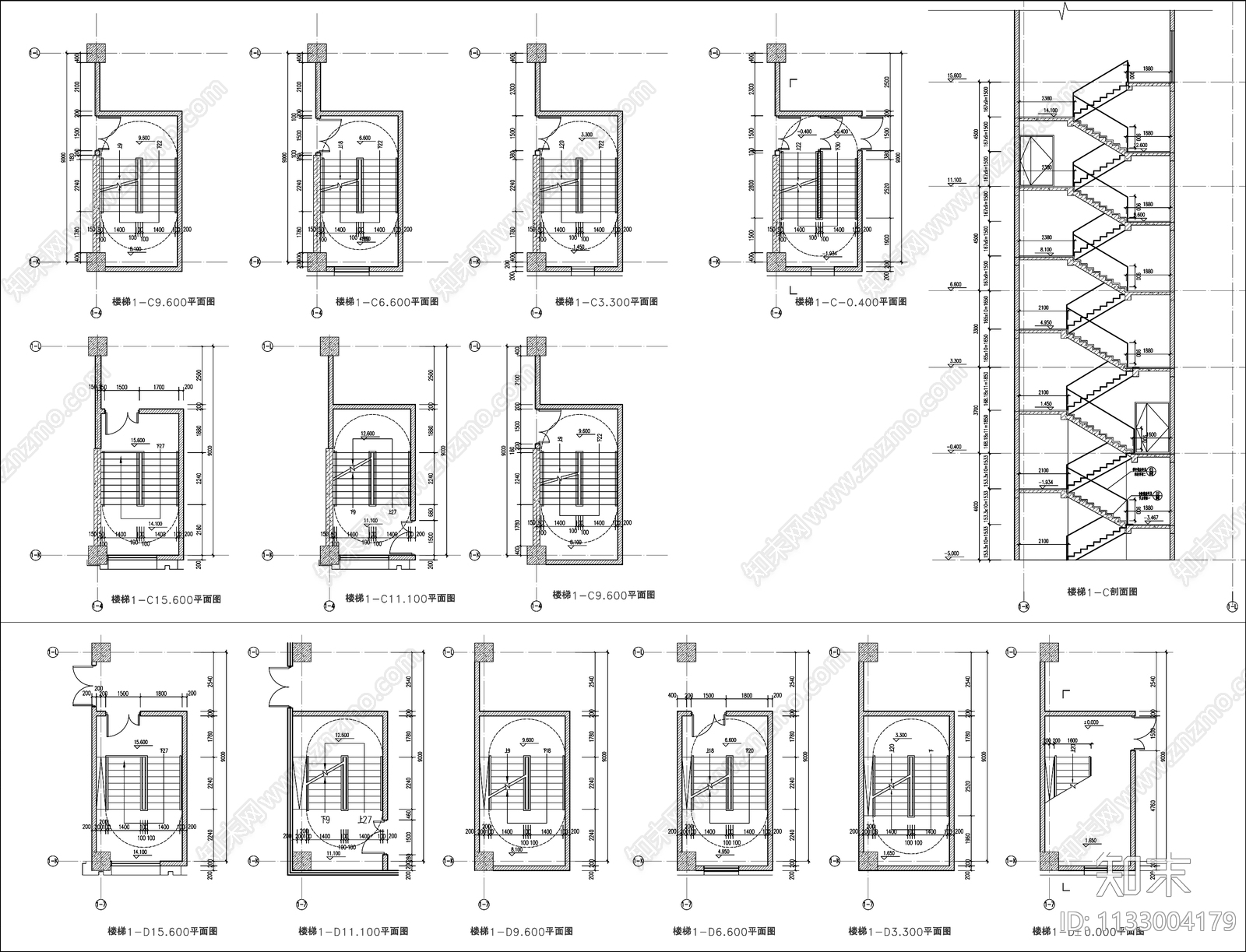 各种楼梯平面剖面大样cad施工图下载【ID:1133004179】