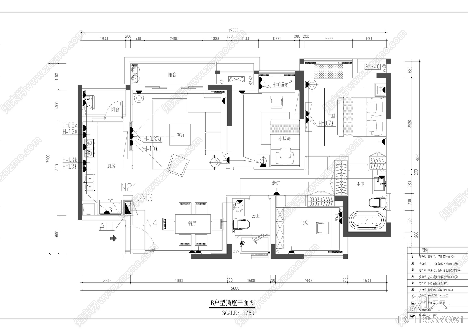 平层家装样板房电气施工图下载【ID:1135359991】