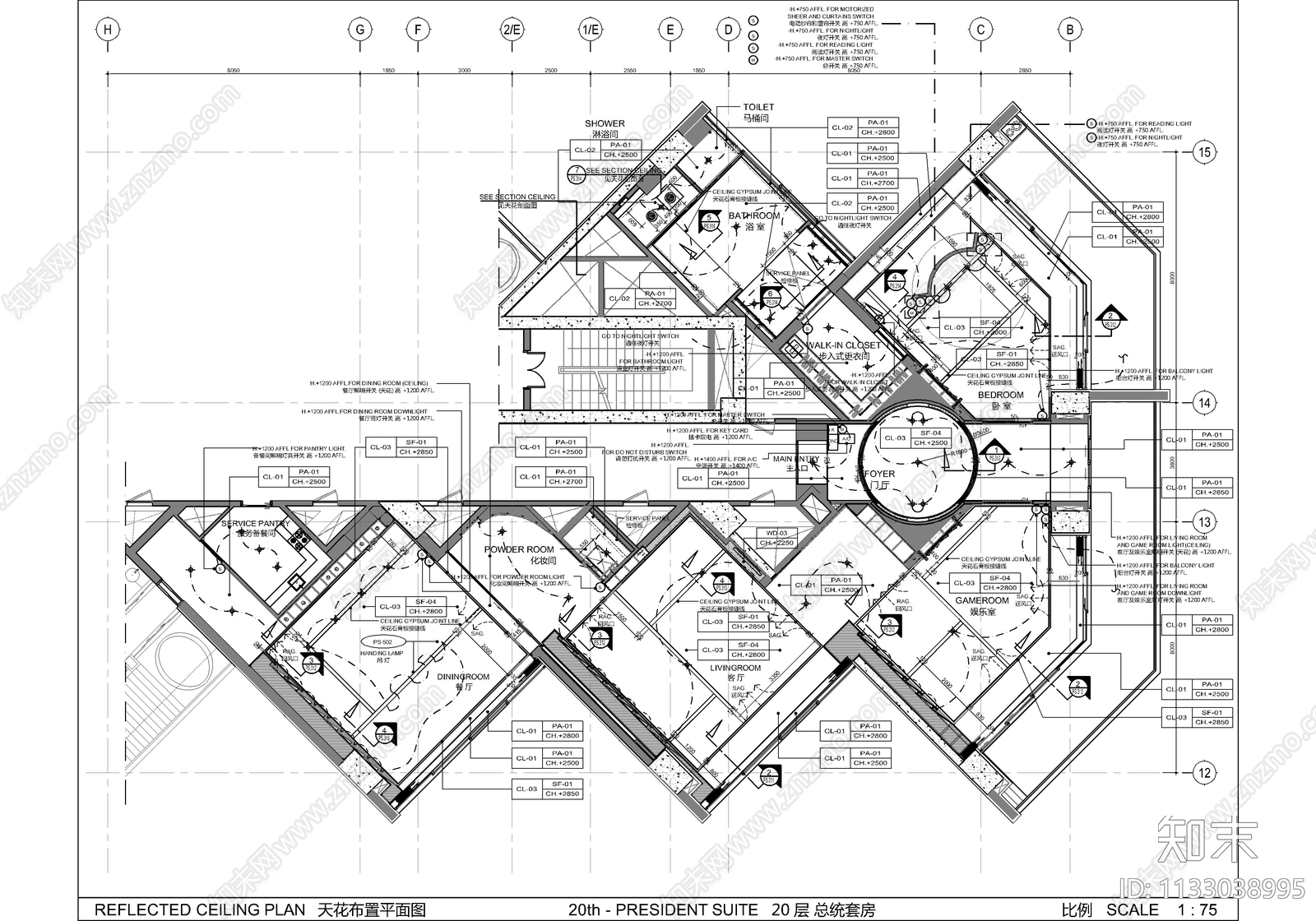400㎡酒店总统套房cad施工图下载【ID:1133038995】