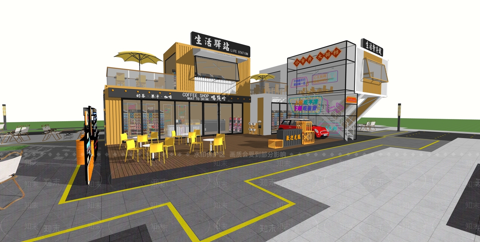 现代集装箱餐饮建筑SU模型下载【ID:1133136486】