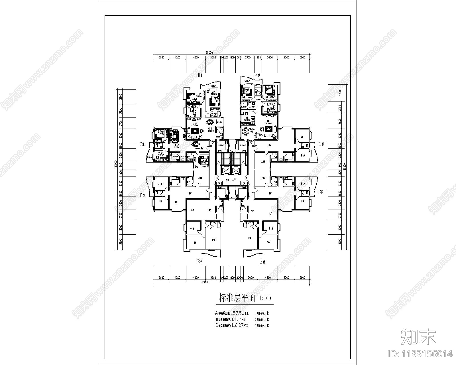 高层住宅楼建筑图cad施工图下载【ID:1133156014】