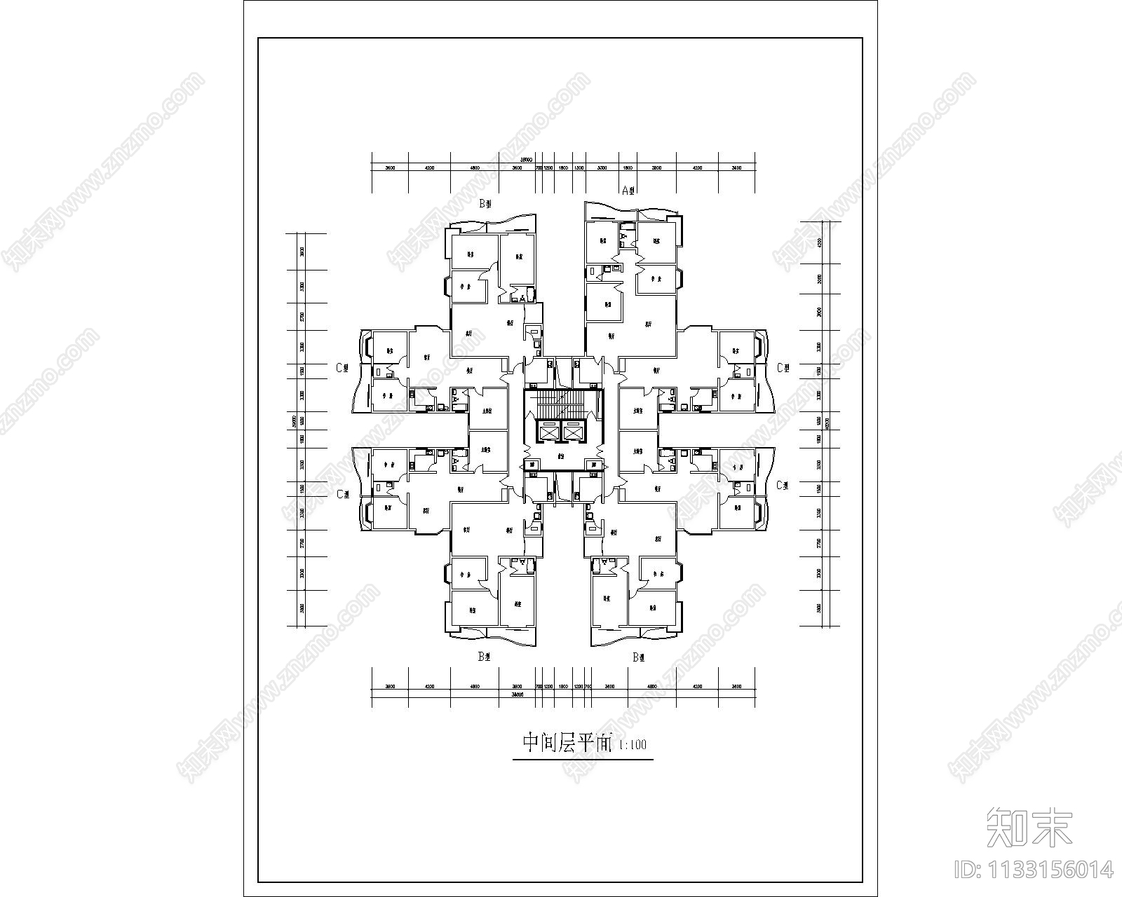 高层住宅楼建筑图cad施工图下载【ID:1133156014】