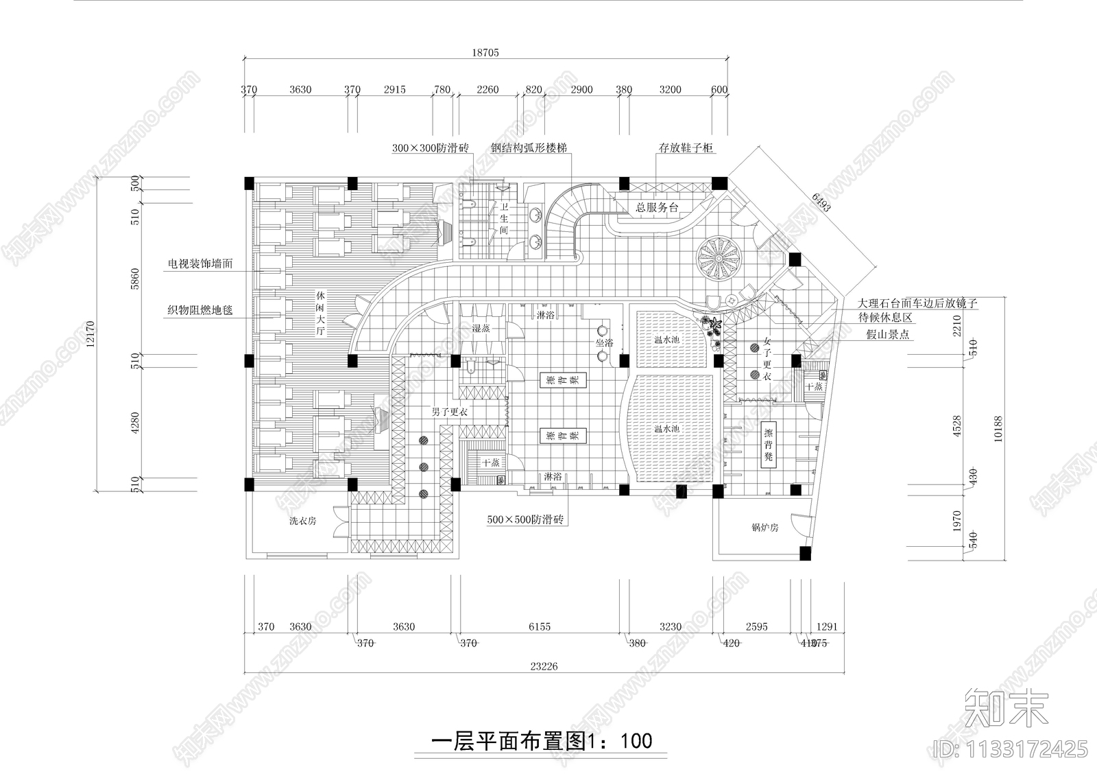 休闲洗浴中心cad施工图下载【ID:1133172425】