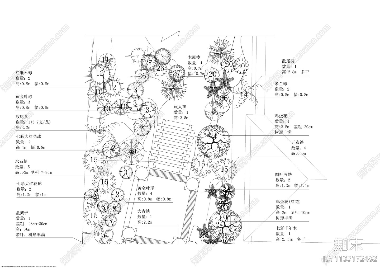 别墅庭院植物平面图cad施工图下载【ID:1133172482】