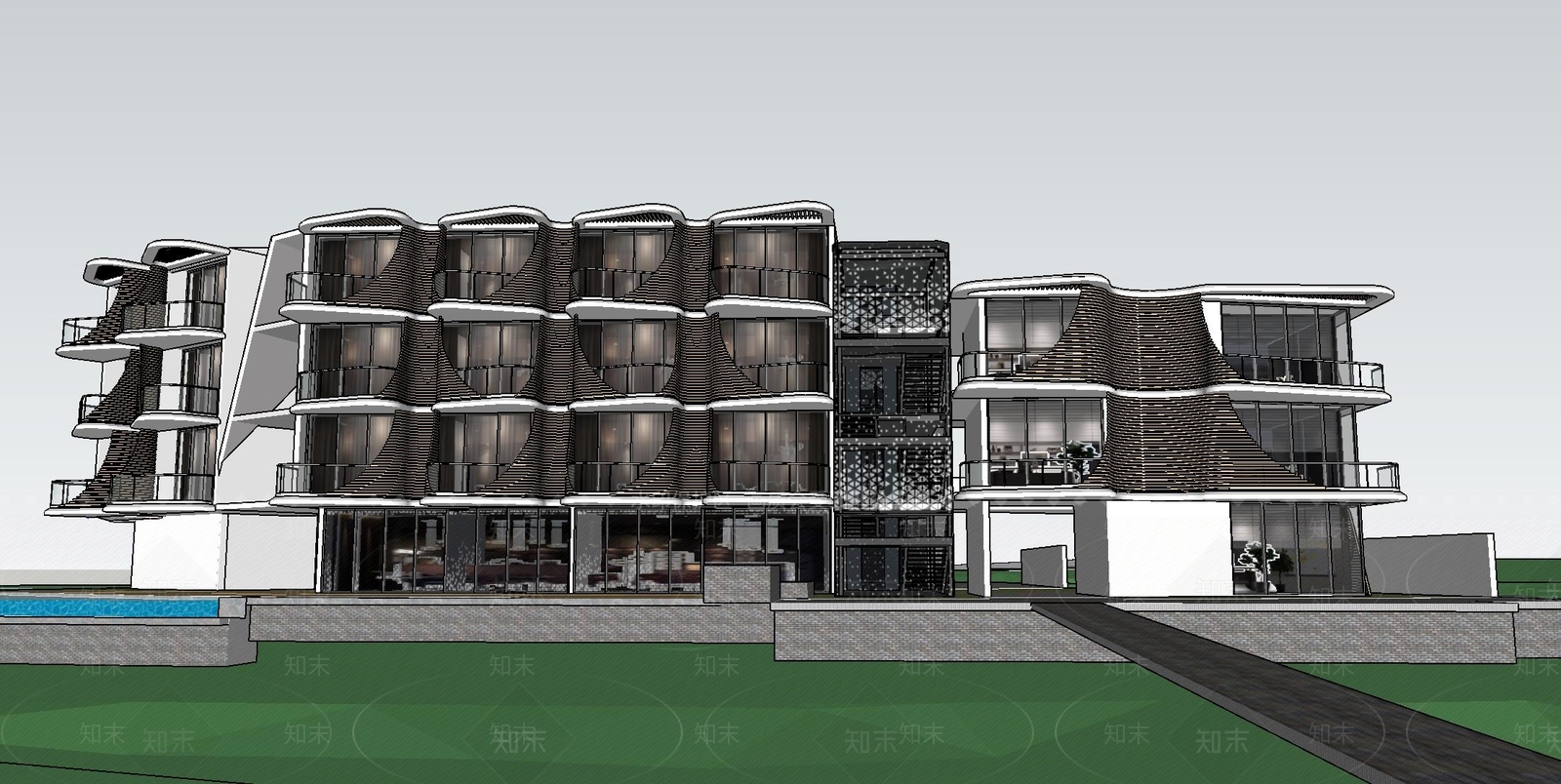 现代酒店建筑SU模型下载【ID:1133186442】
