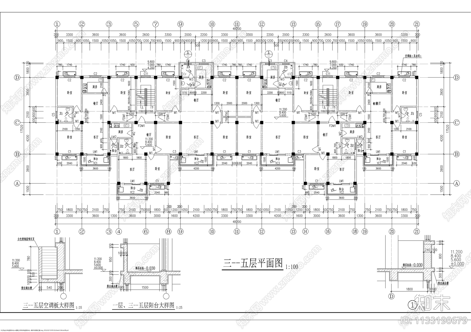 一梯三户多层带阁楼坡屋顶全套建筑图cad施工图下载【ID:1133190679】