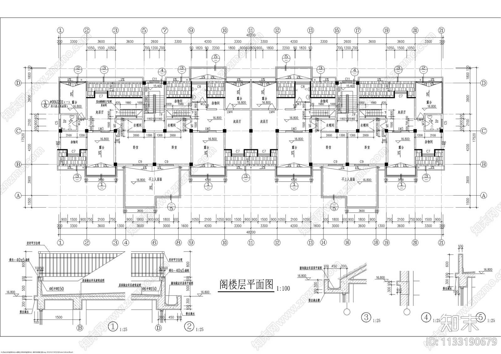 一梯三户多层带阁楼坡屋顶全套建筑图cad施工图下载【ID:1133190679】