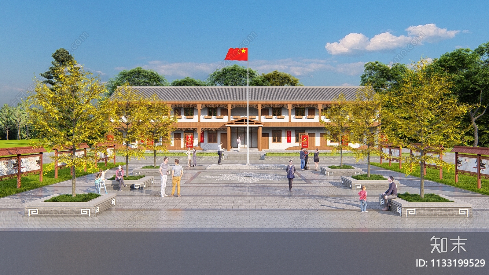 最新政府村委会国风建筑鸟瞰3dmax图片下载_红动中国