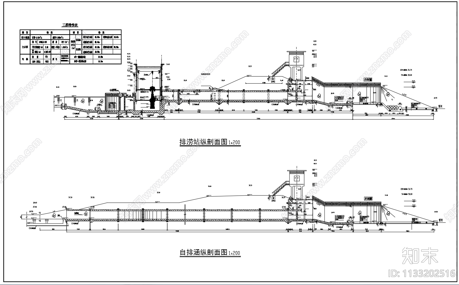 排涝泵站配平面剖面节点图cad施工图下载【ID:1133202516】