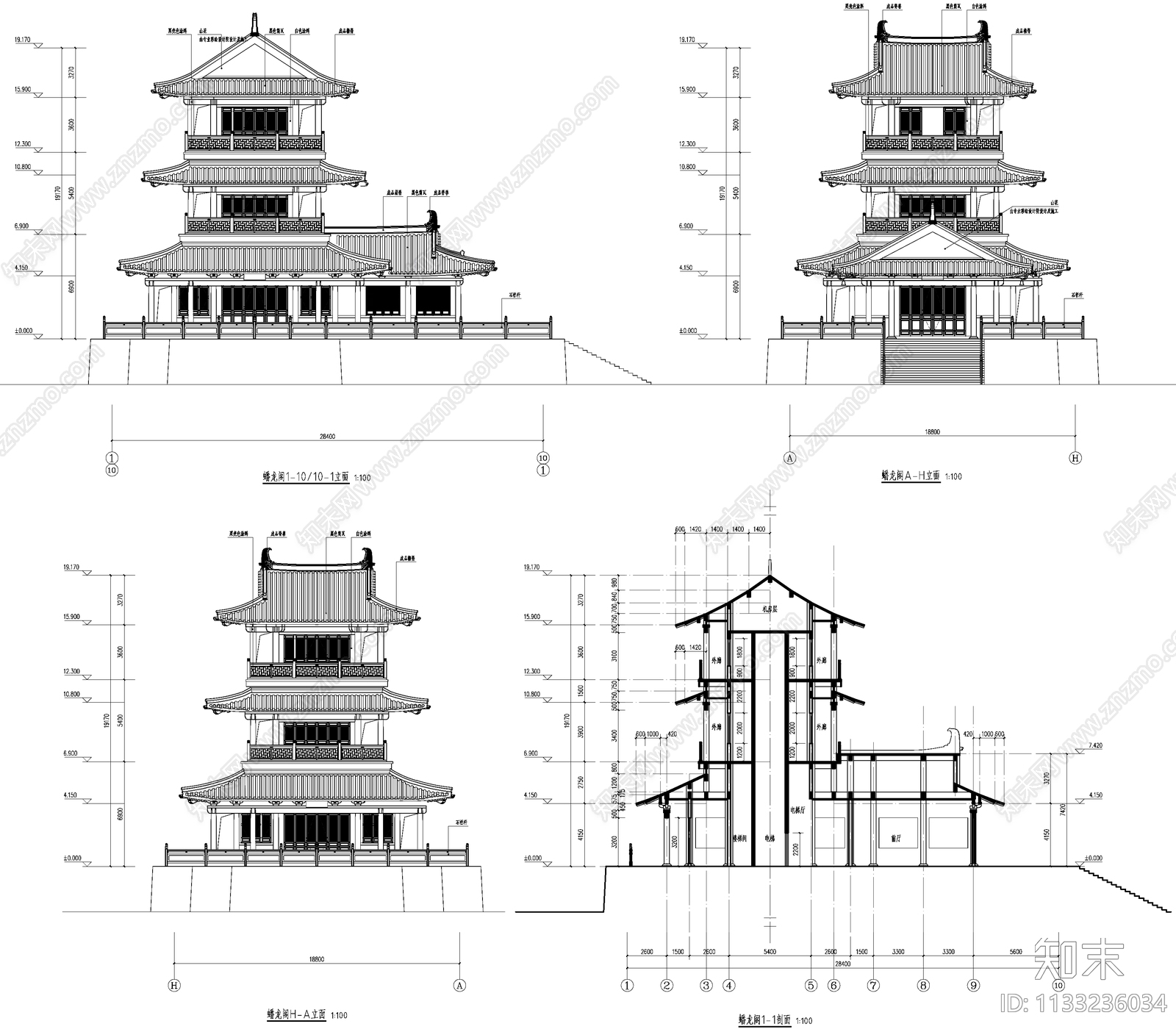 蟠龙阁古建筑cad施工图下载【ID:1133236034】