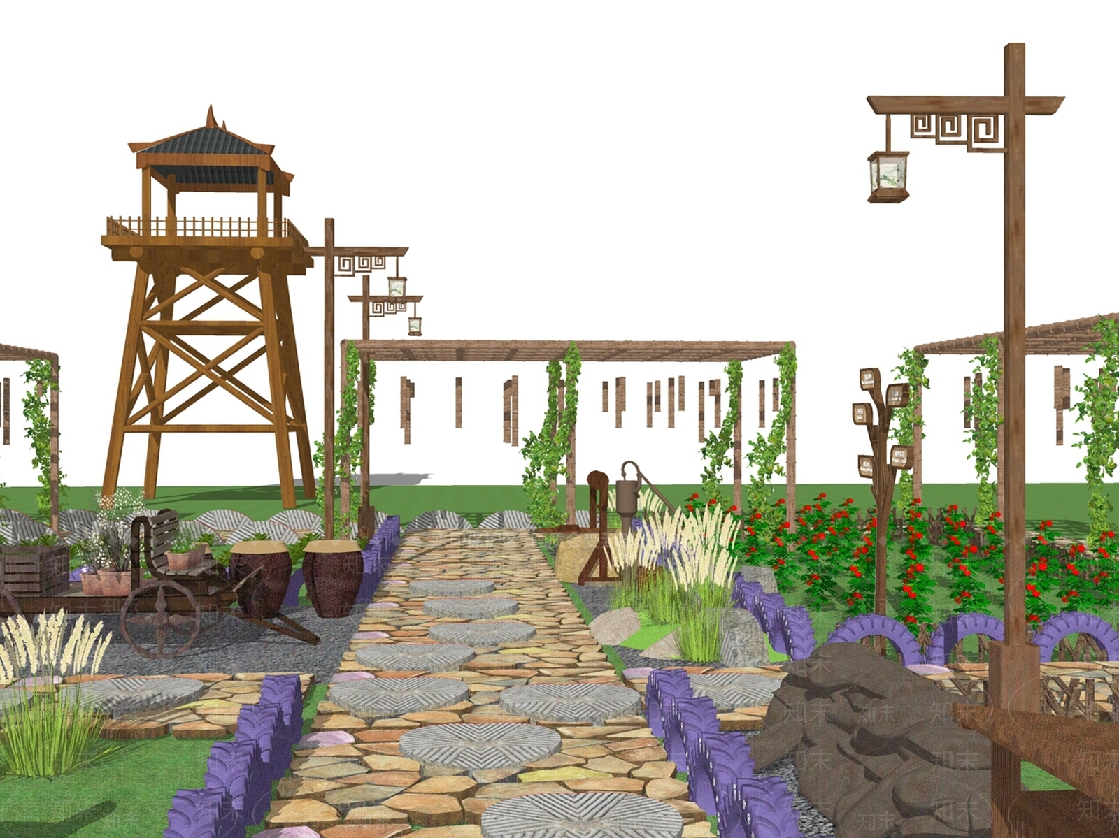 新中式乡村小游园SU模型下载【ID:1133239915】