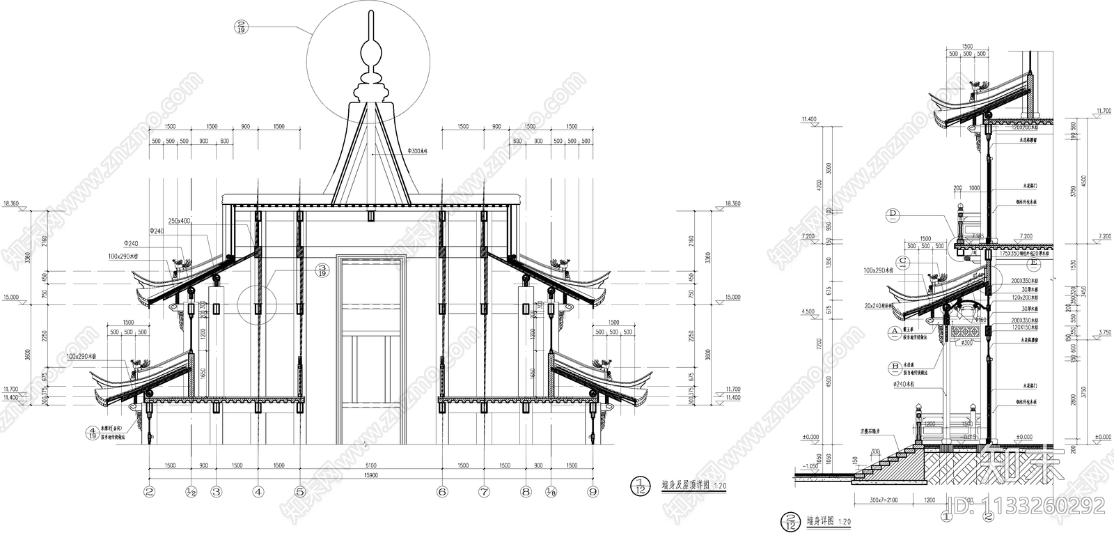 彤雲阁古建筑cad施工图下载【ID:1133260292】