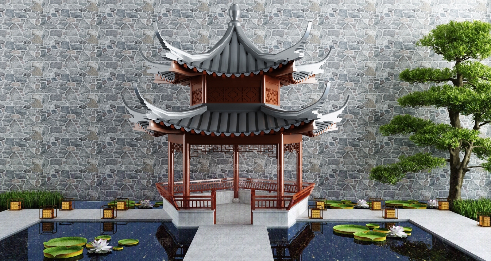 新中式庭院休闲古亭3D模型下载【ID:1133266444】