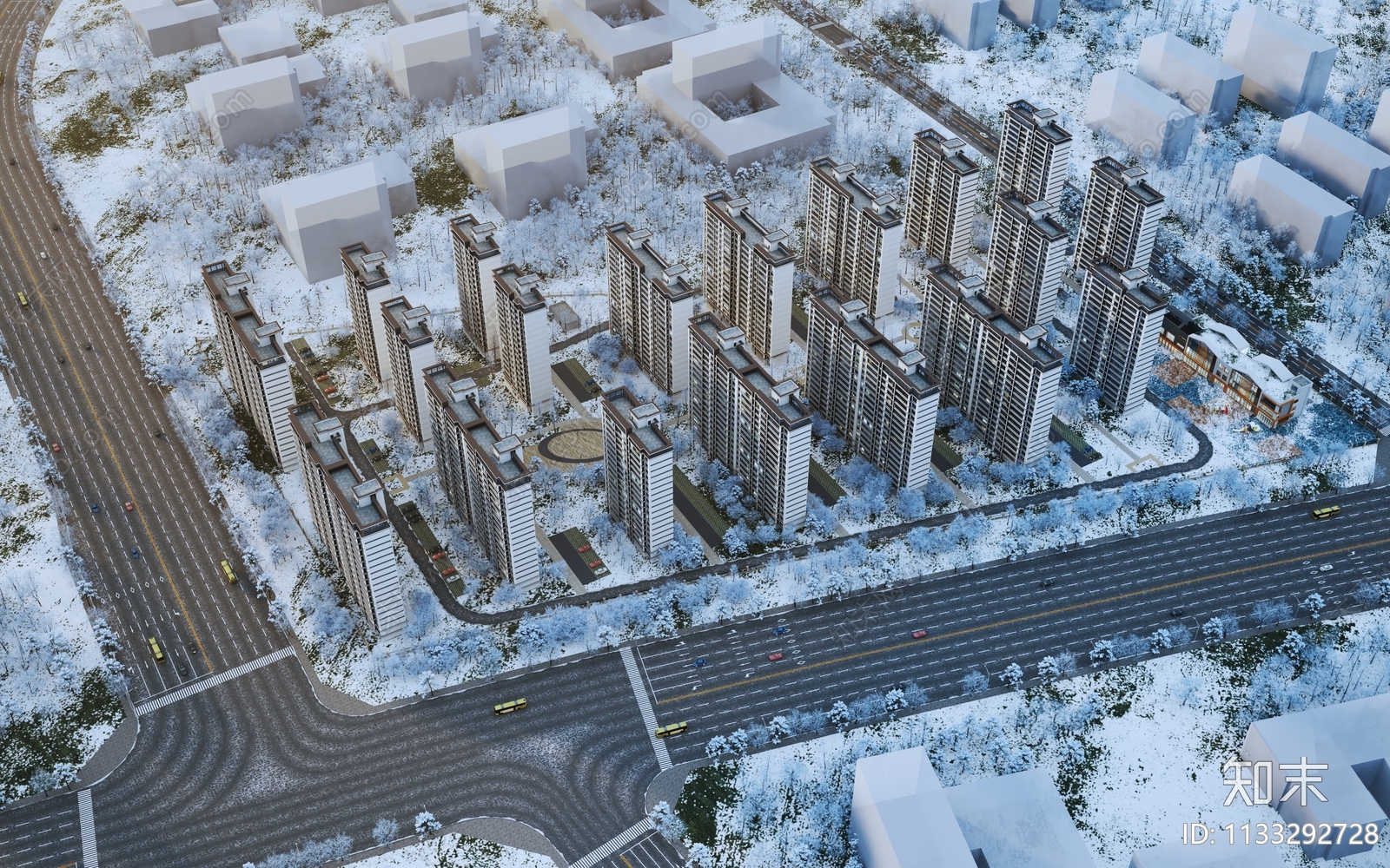 现代高层住宅雪景鸟瞰规划3D模型下载【ID:1133292728】