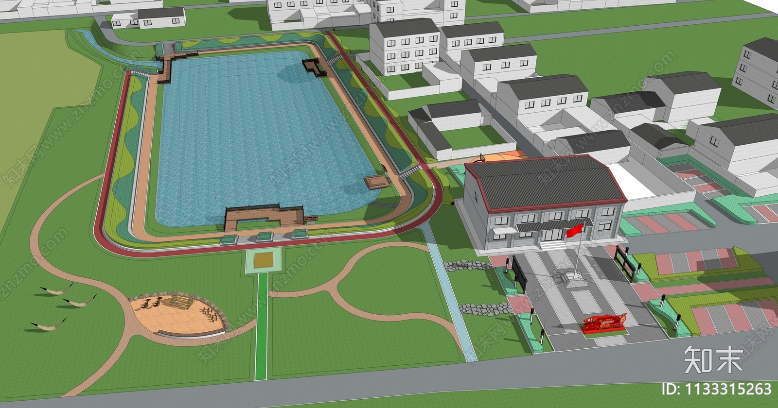 现代乡村滨水公园SU模型下载【ID:1133315263】