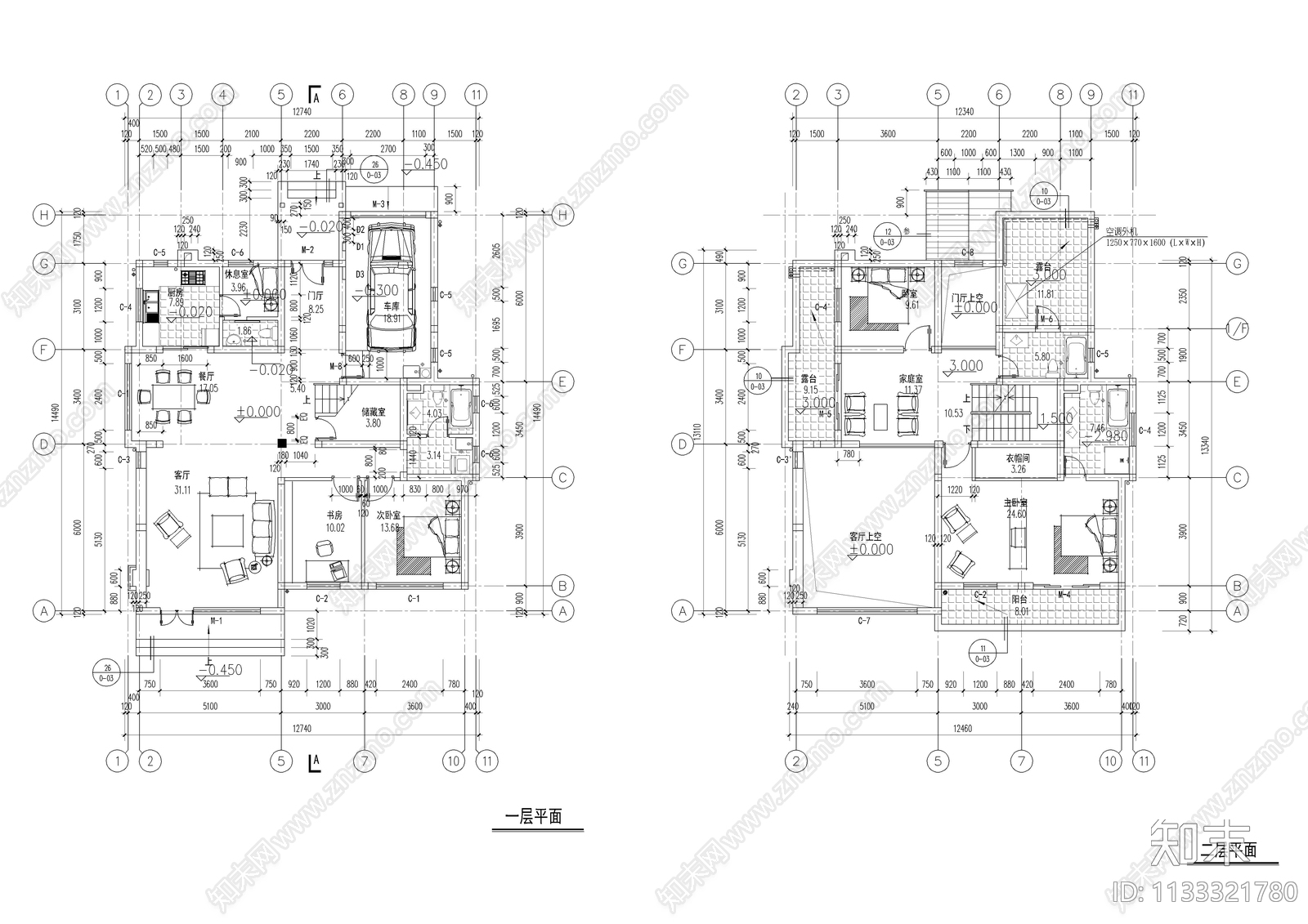 乡村2层半别墅建筑cad施工图下载【ID:1133321780】