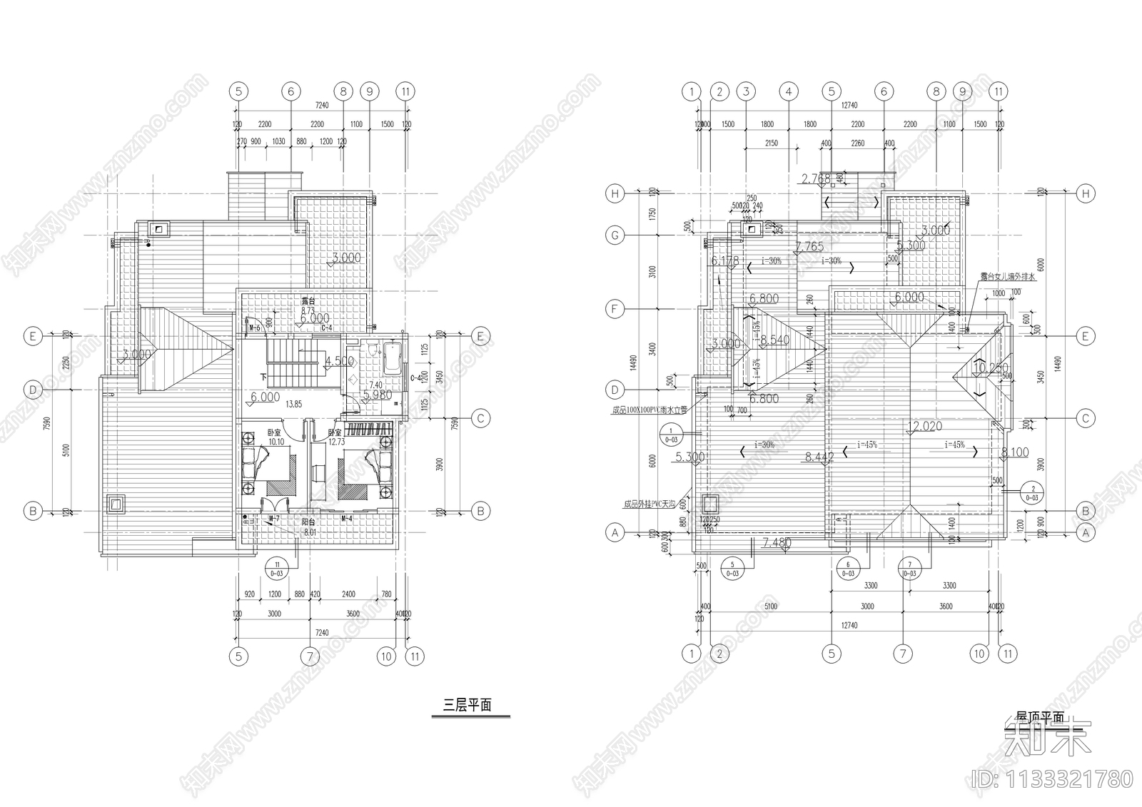 乡村2层半别墅建筑cad施工图下载【ID:1133321780】