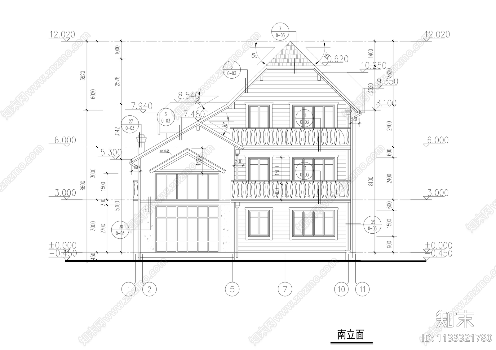 乡村2层半别墅建筑cad施工图下载【ID:1133321780】