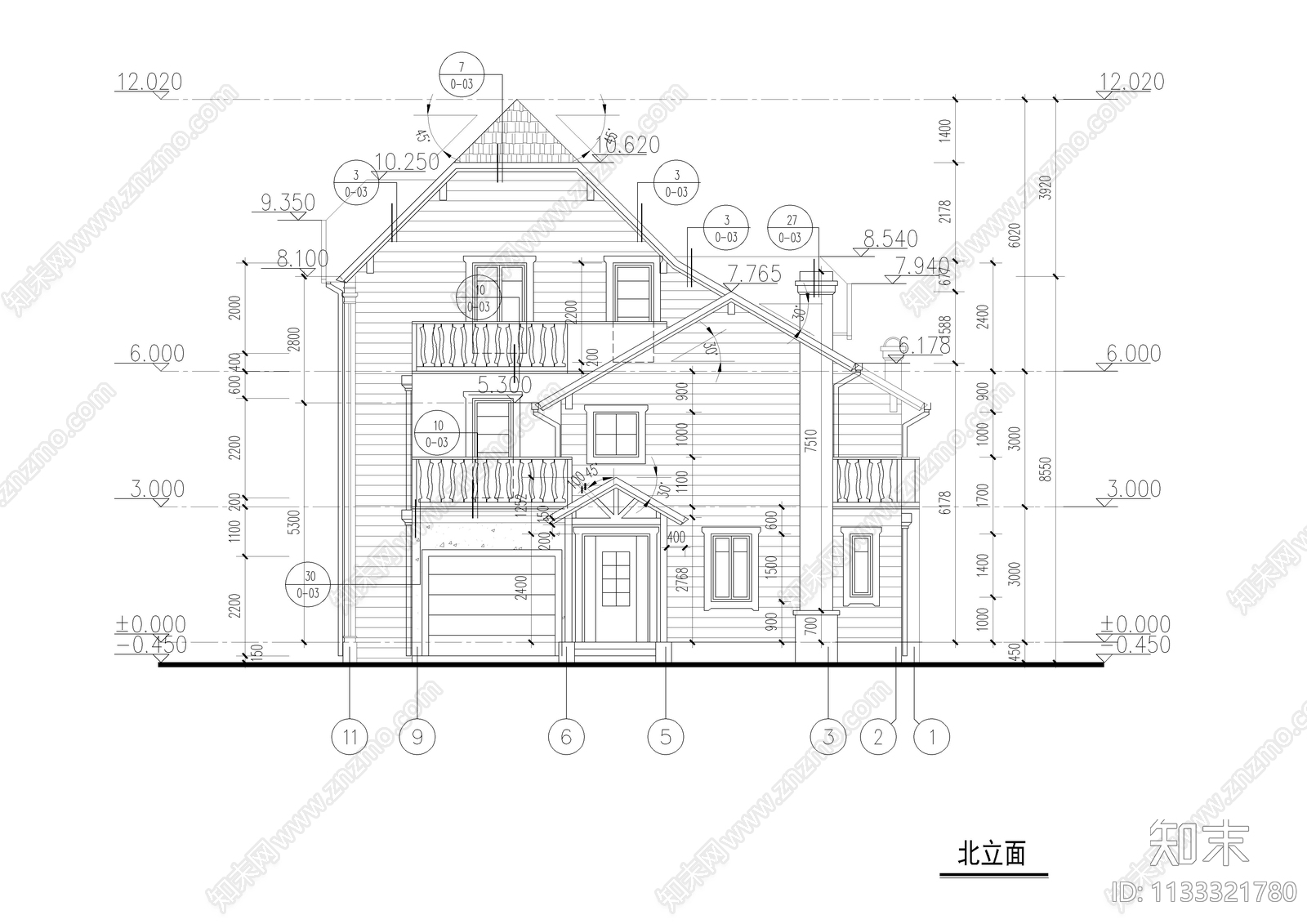 乡村2层半别墅建筑cad施工图下载【ID:1133321780】