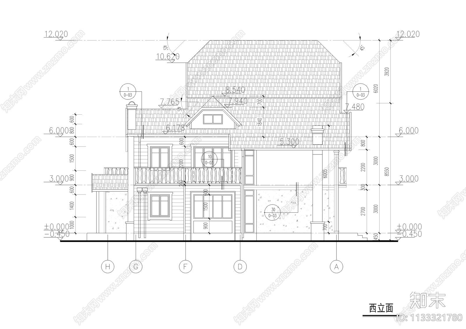 乡村2层半别墅建筑cad施工图下载【ID:1133321780】