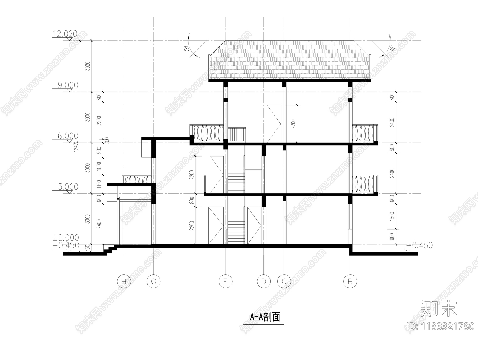 乡村2层半别墅建筑cad施工图下载【ID:1133321780】