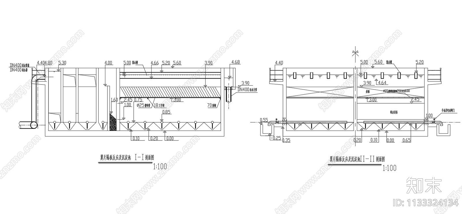 翼片隔板反应沉淀池平面剖面图cad施工图下载【ID:1133324134】