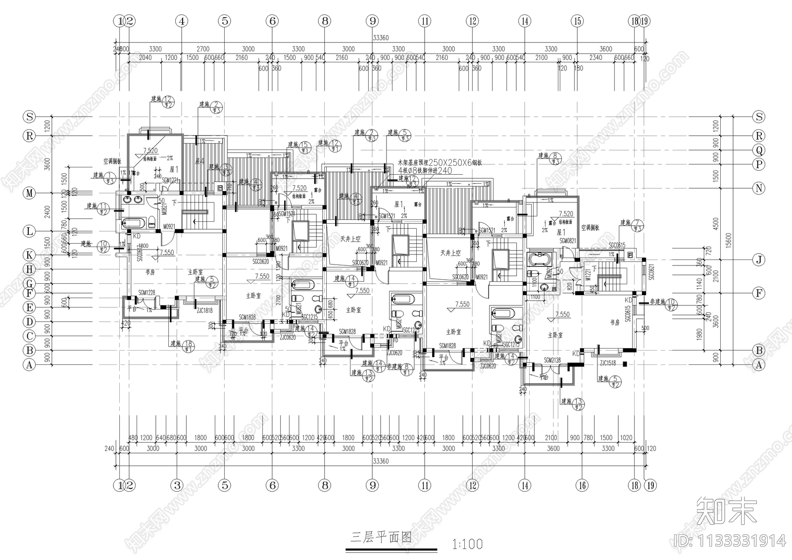 四层连排别墅建筑cad施工图下载【ID:1133331914】