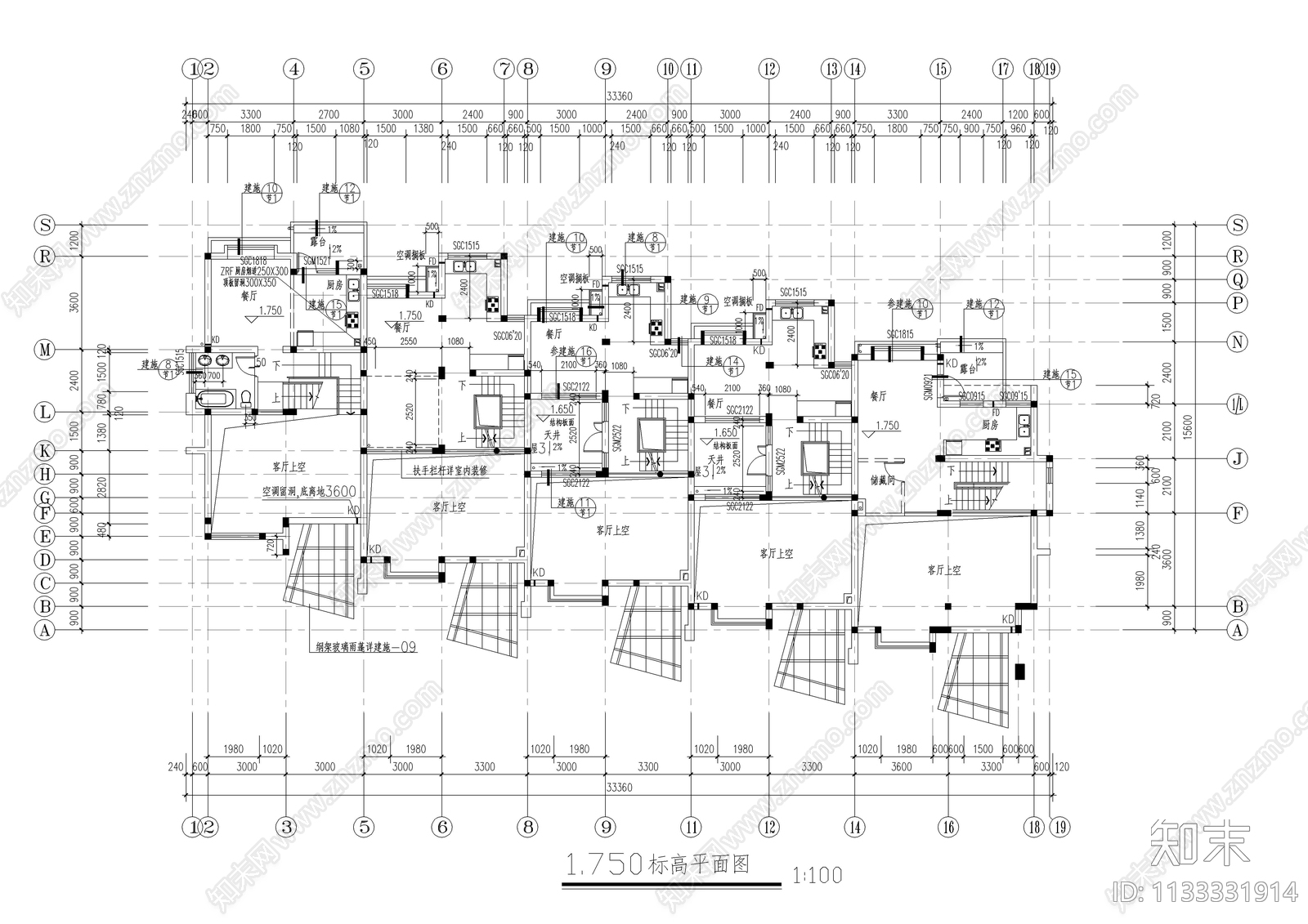 四层连排别墅建筑cad施工图下载【ID:1133331914】