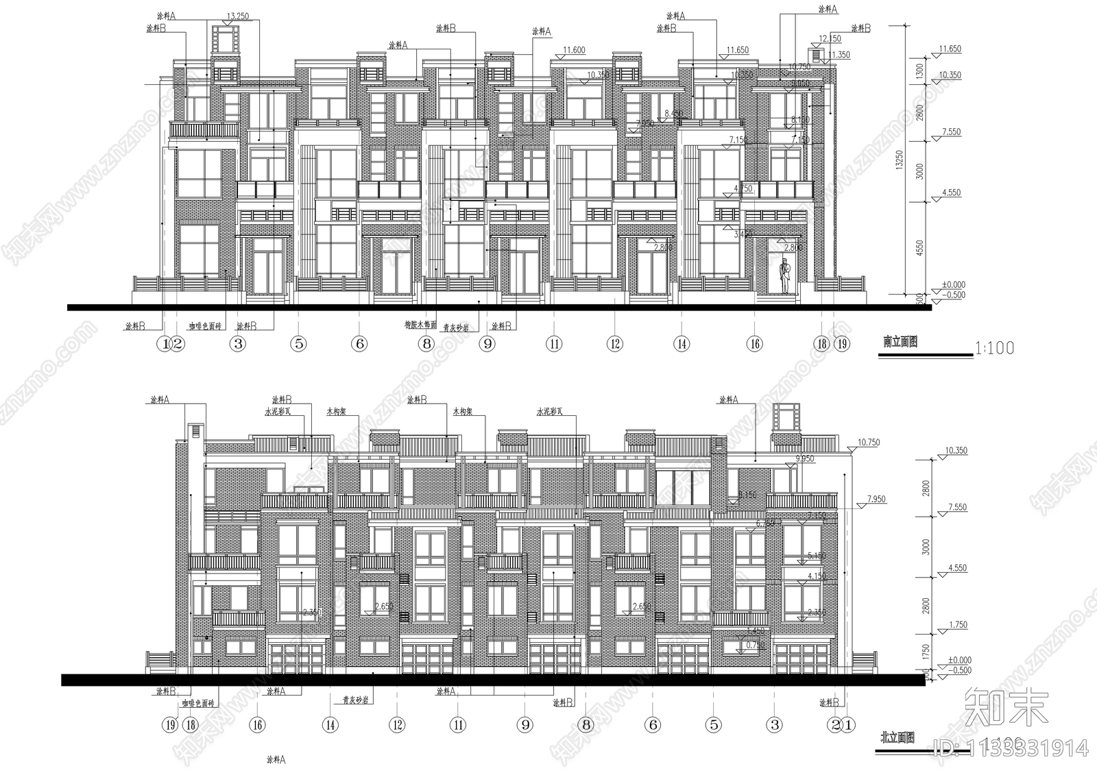 四层连排别墅建筑cad施工图下载【ID:1133331914】