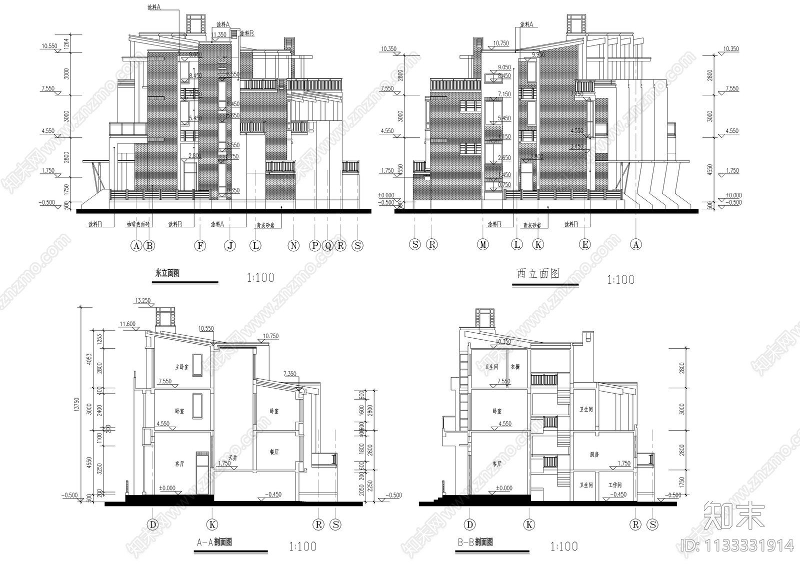 四层连排别墅建筑cad施工图下载【ID:1133331914】