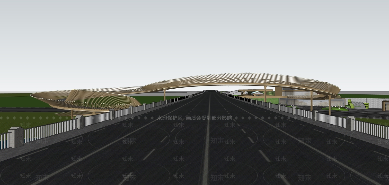 现代弧形人行天桥SU模型下载【ID:1133342783】
