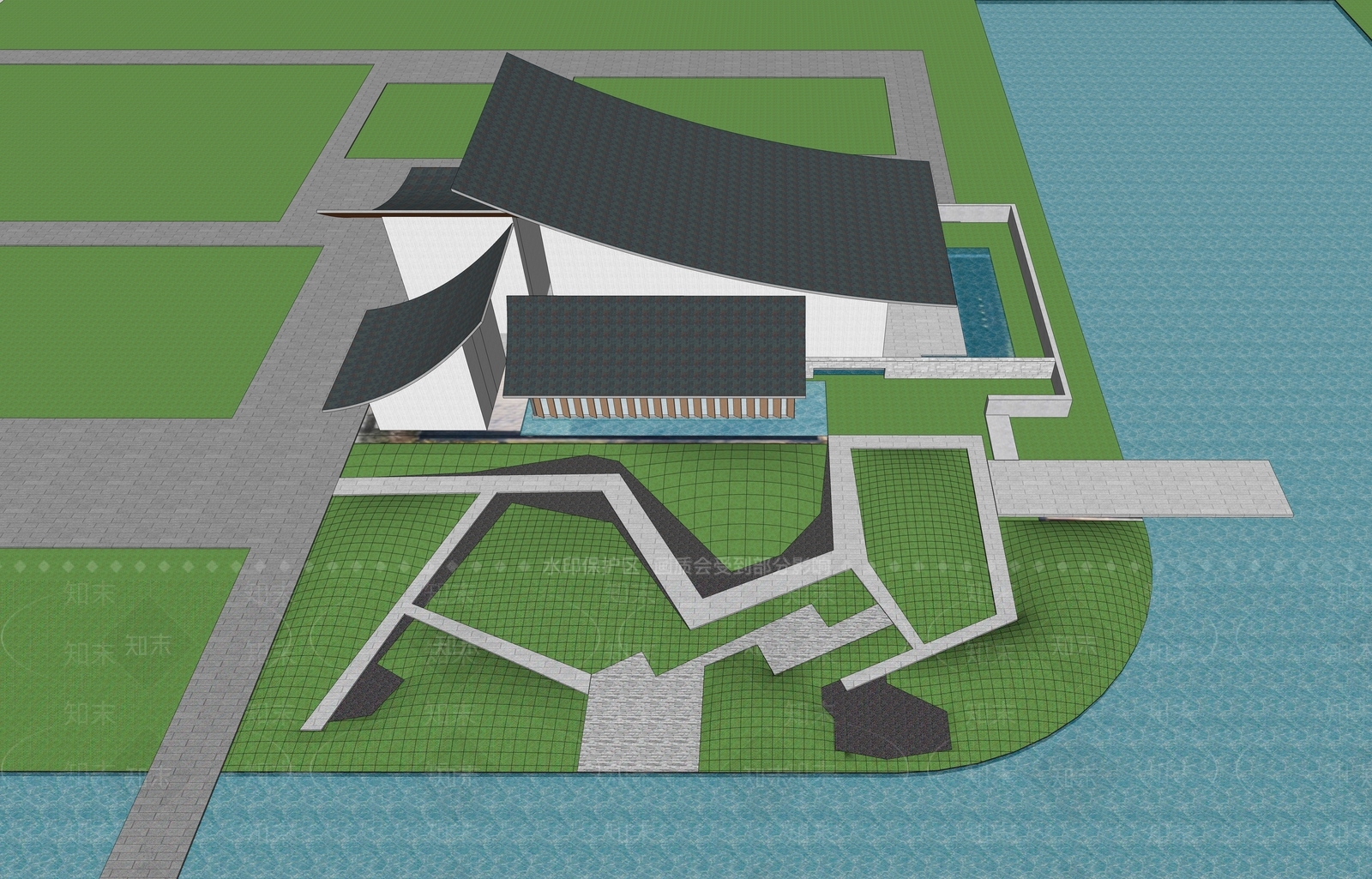新中式展览馆建筑SU模型下载【ID:1133348150】