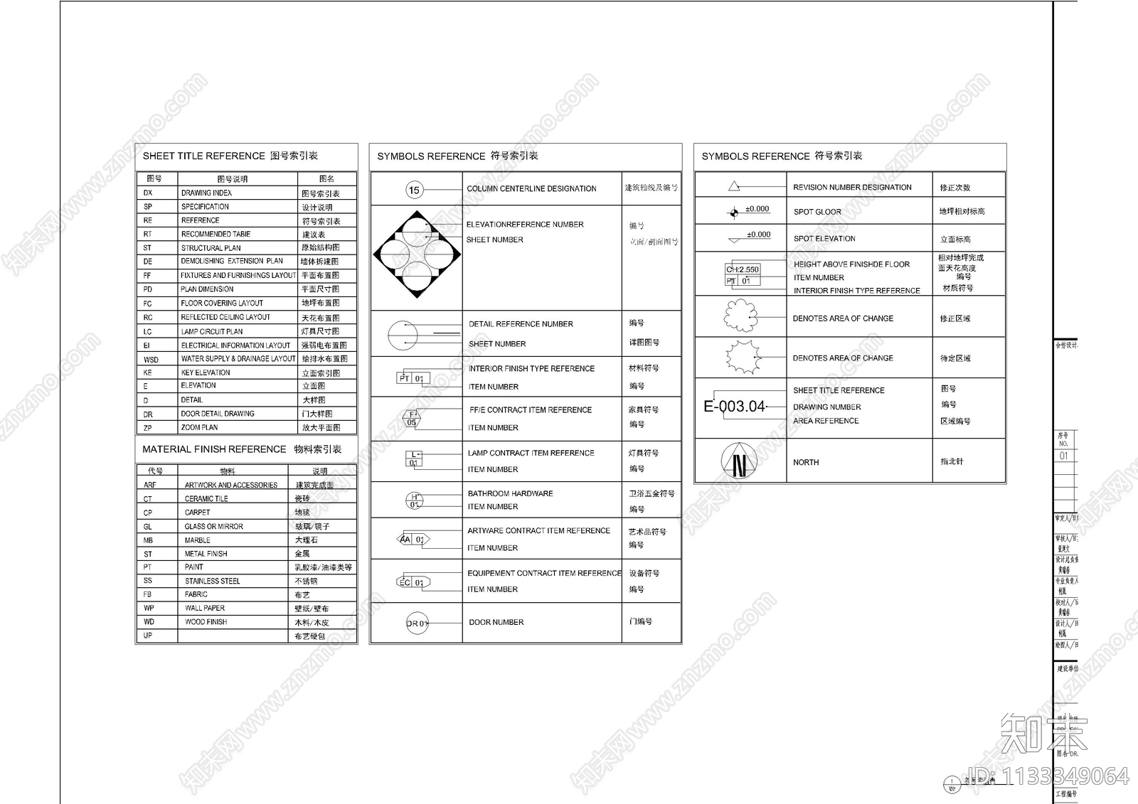 工装大堂图纸目录材料表cad施工图下载【ID:1133349064】