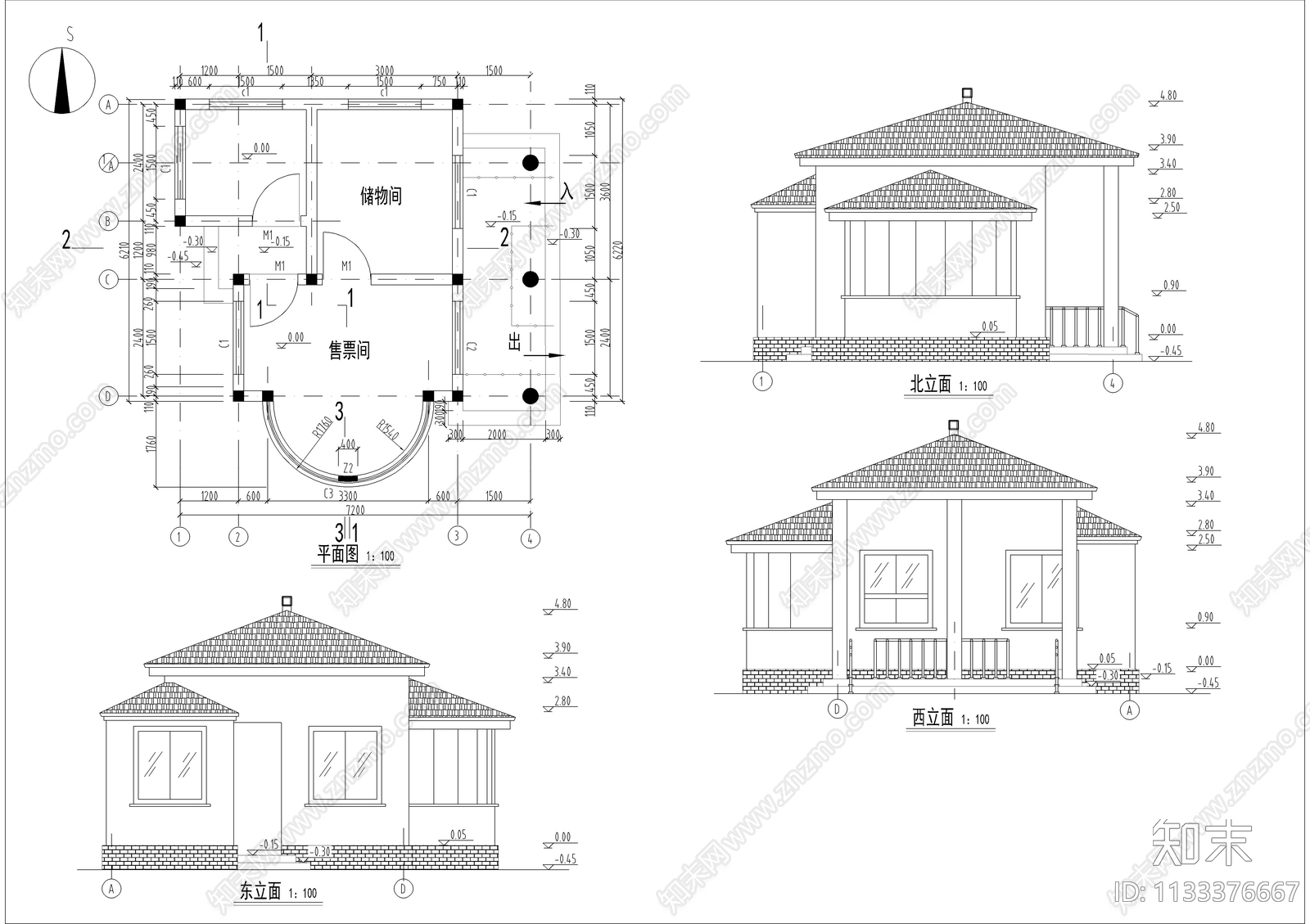 售票亭建筑cad施工图下载【ID:1133376667】