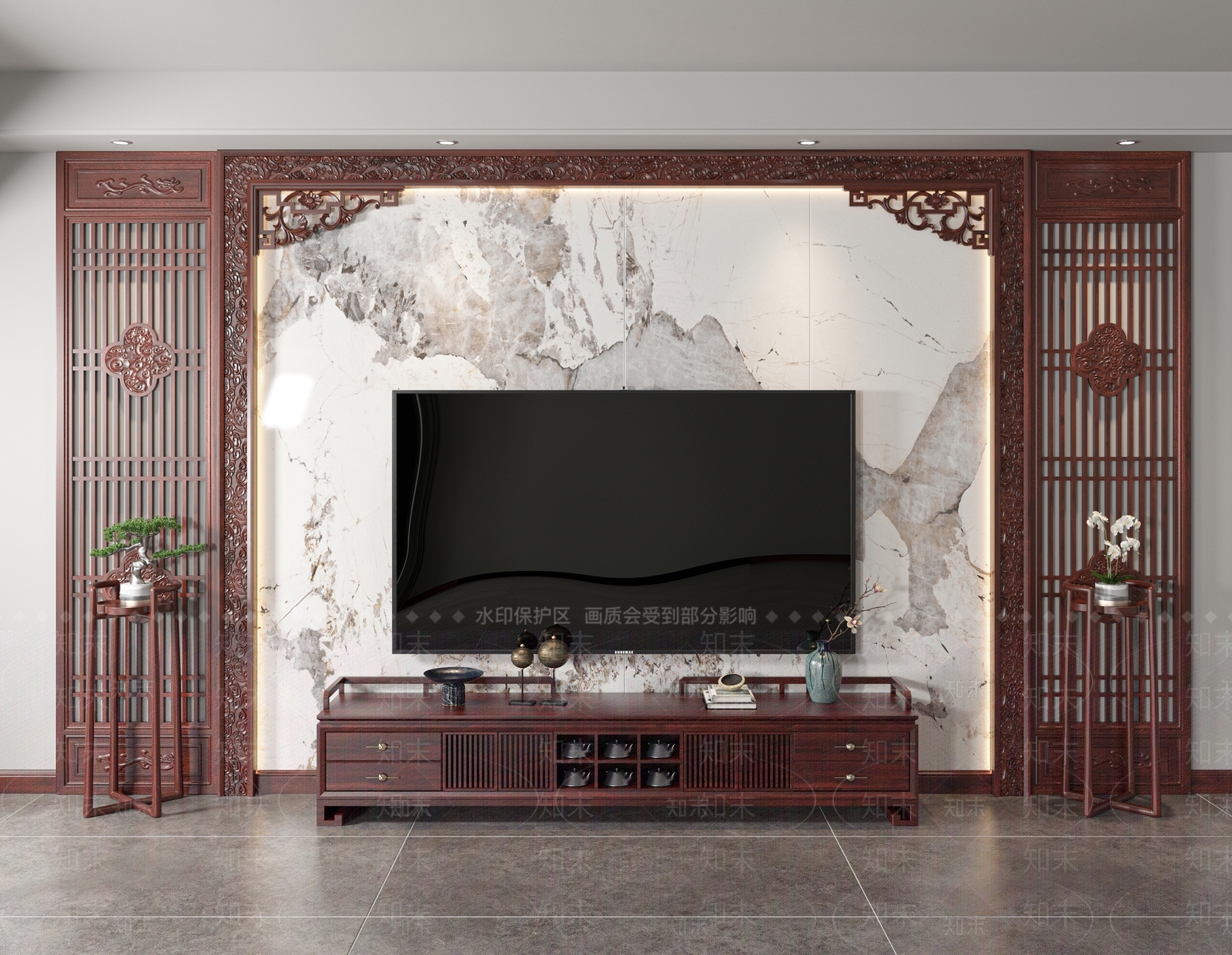 新中式电视背景墙3D模型精品下载_3dmax模型_知末网