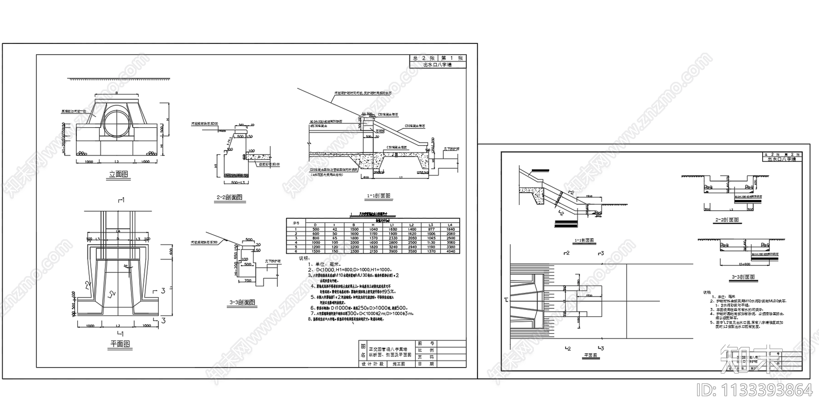 正交圆管涵八字翼墙出水口cad施工图下载【ID:1133393864】