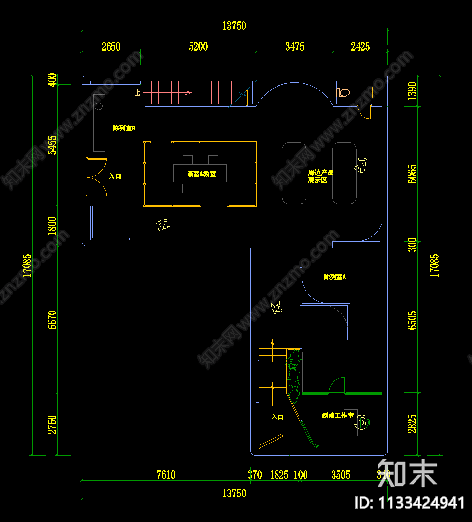 刺绣名人馆展厅平面图cad施工图下载【ID:1133424941】