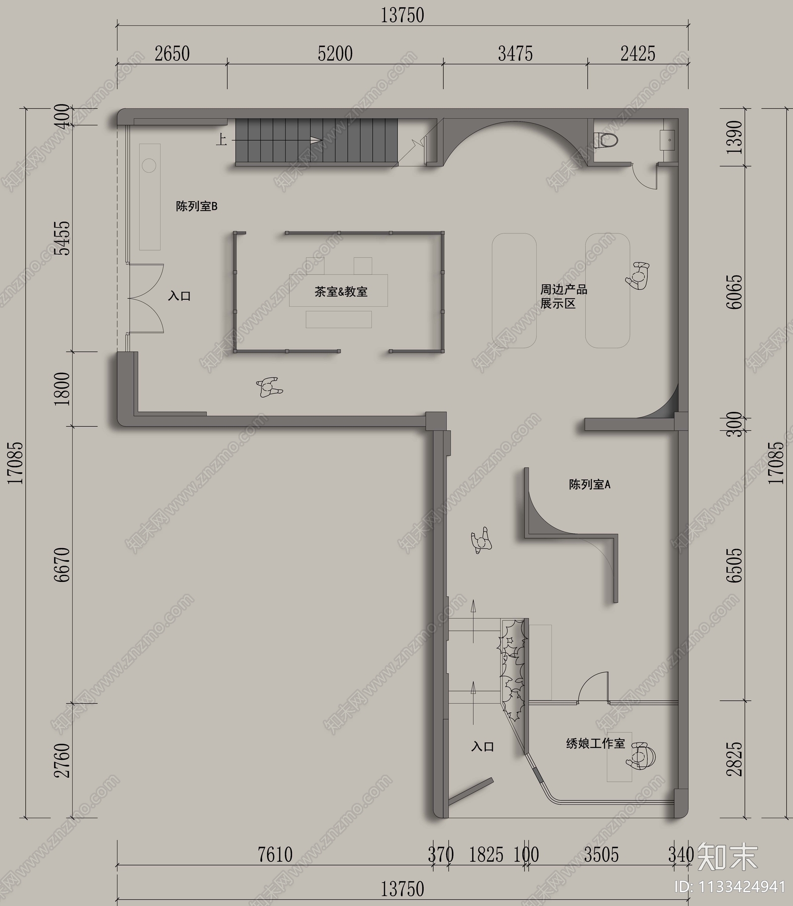 刺绣名人馆展厅平面图cad施工图下载【ID:1133424941】