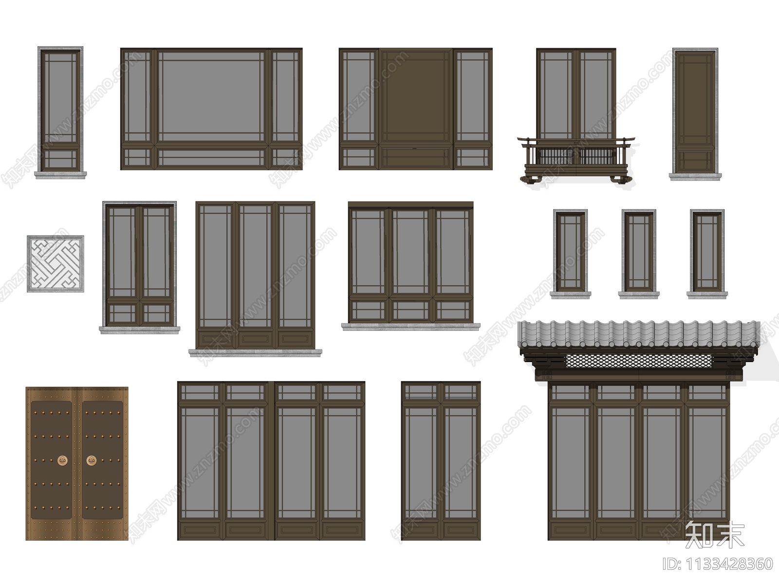 新中式铝合金门窗组合SU模型下载【ID:1133428360】