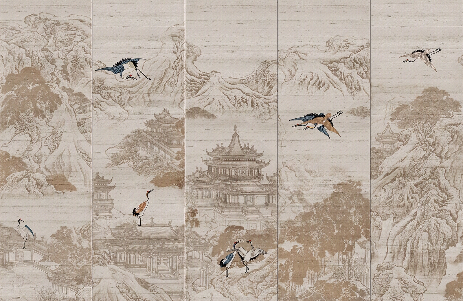 中式山水飞鹤壁画贴图下载【ID:1133454829】