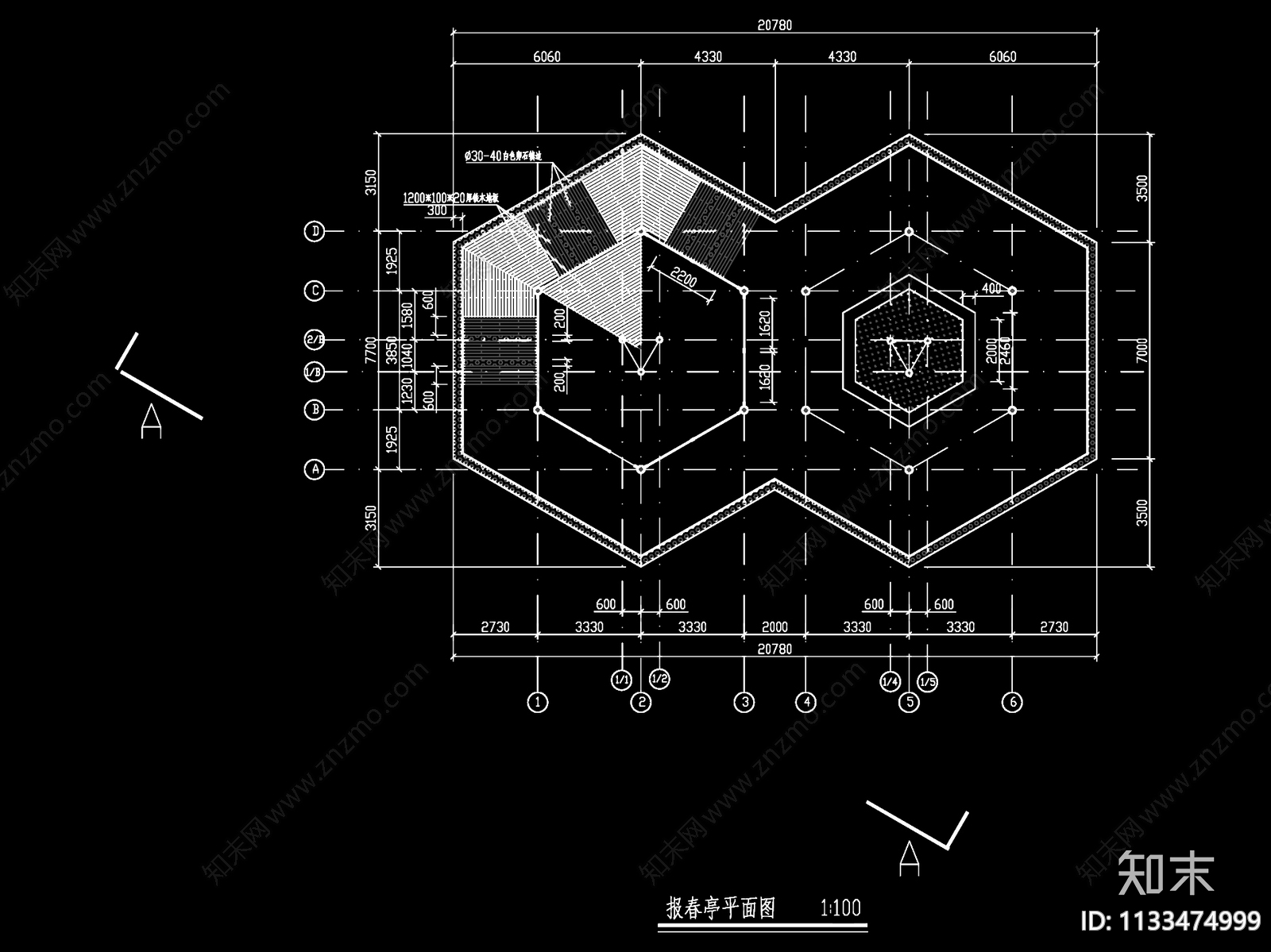 南方古建双亭六角亭建筑cad施工图下载【ID:1133474999】