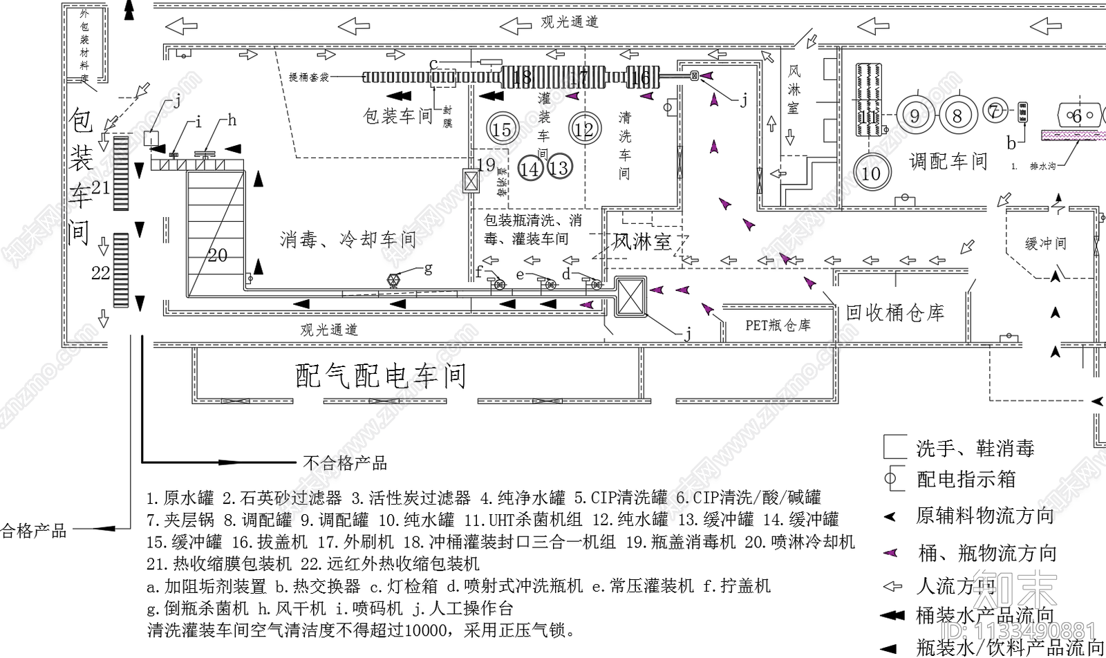 水饮料生产车间平面布置图cad施工图下载【ID:1133490881】