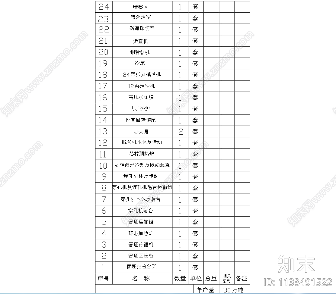 无缝钢管生产车间平面布置图cad施工图下载【ID:1133491522】