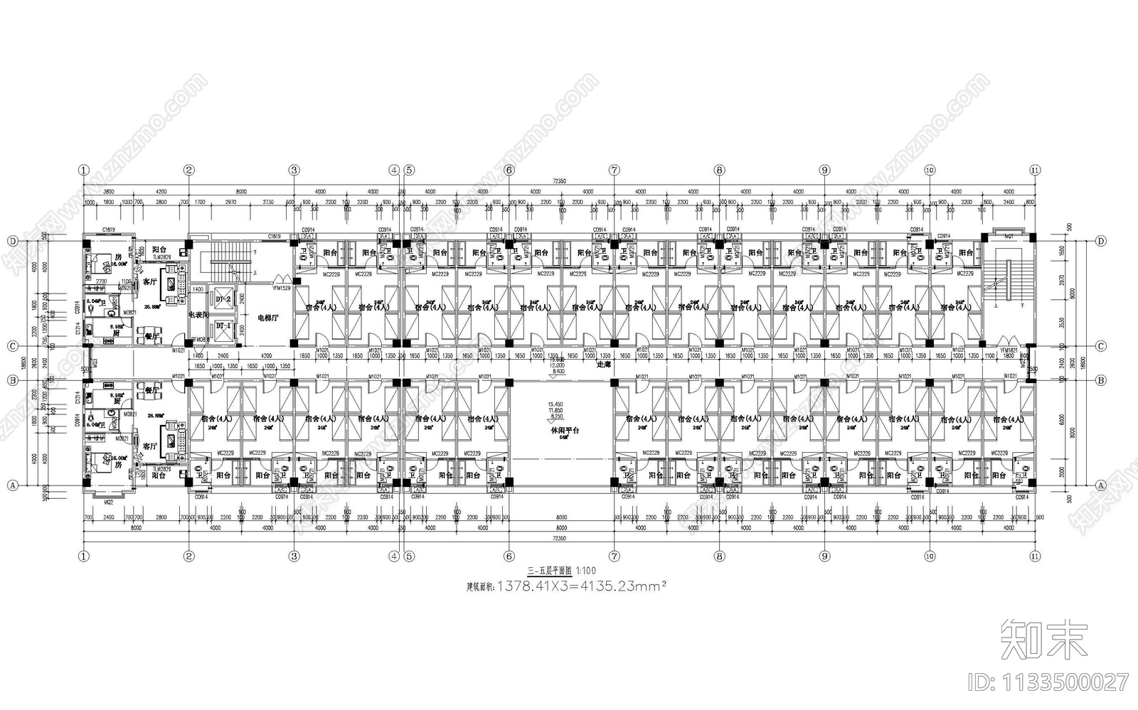 多层宿舍楼建筑cad施工图下载【ID:1133500027】