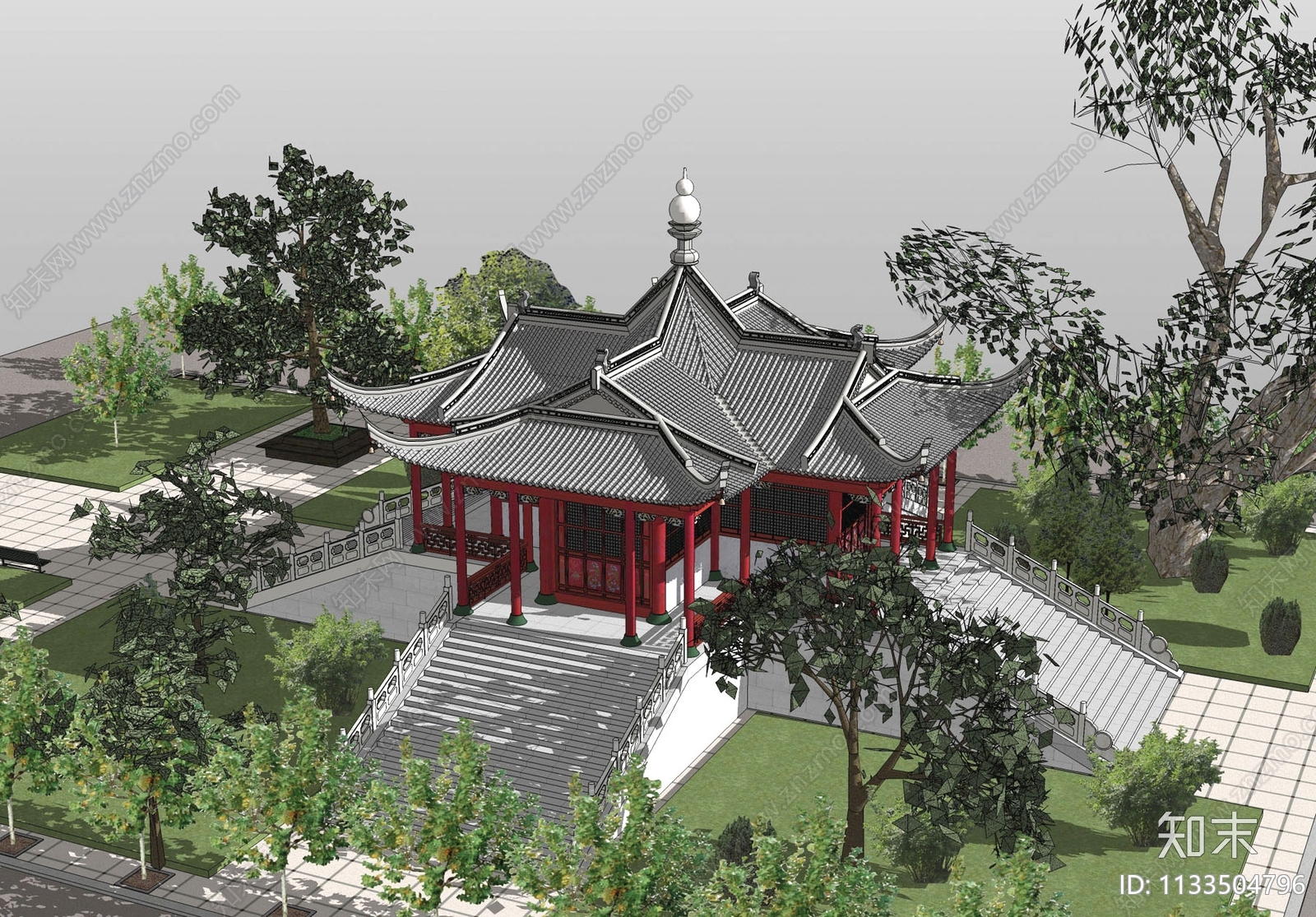 中式寺庙古建筑SU模型下载【ID:1133504796】