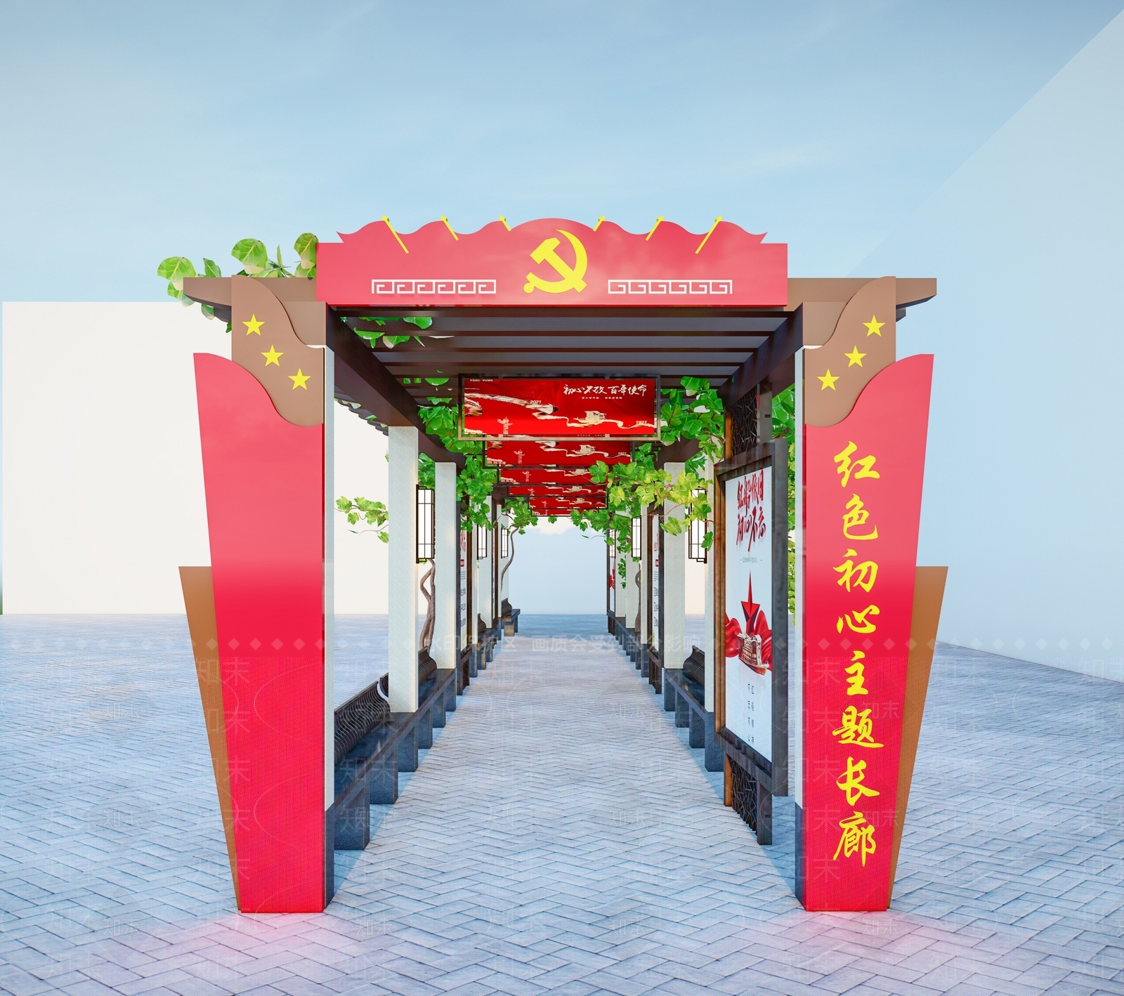 新中式党建景观廊架SU模型下载【ID:1133693252】