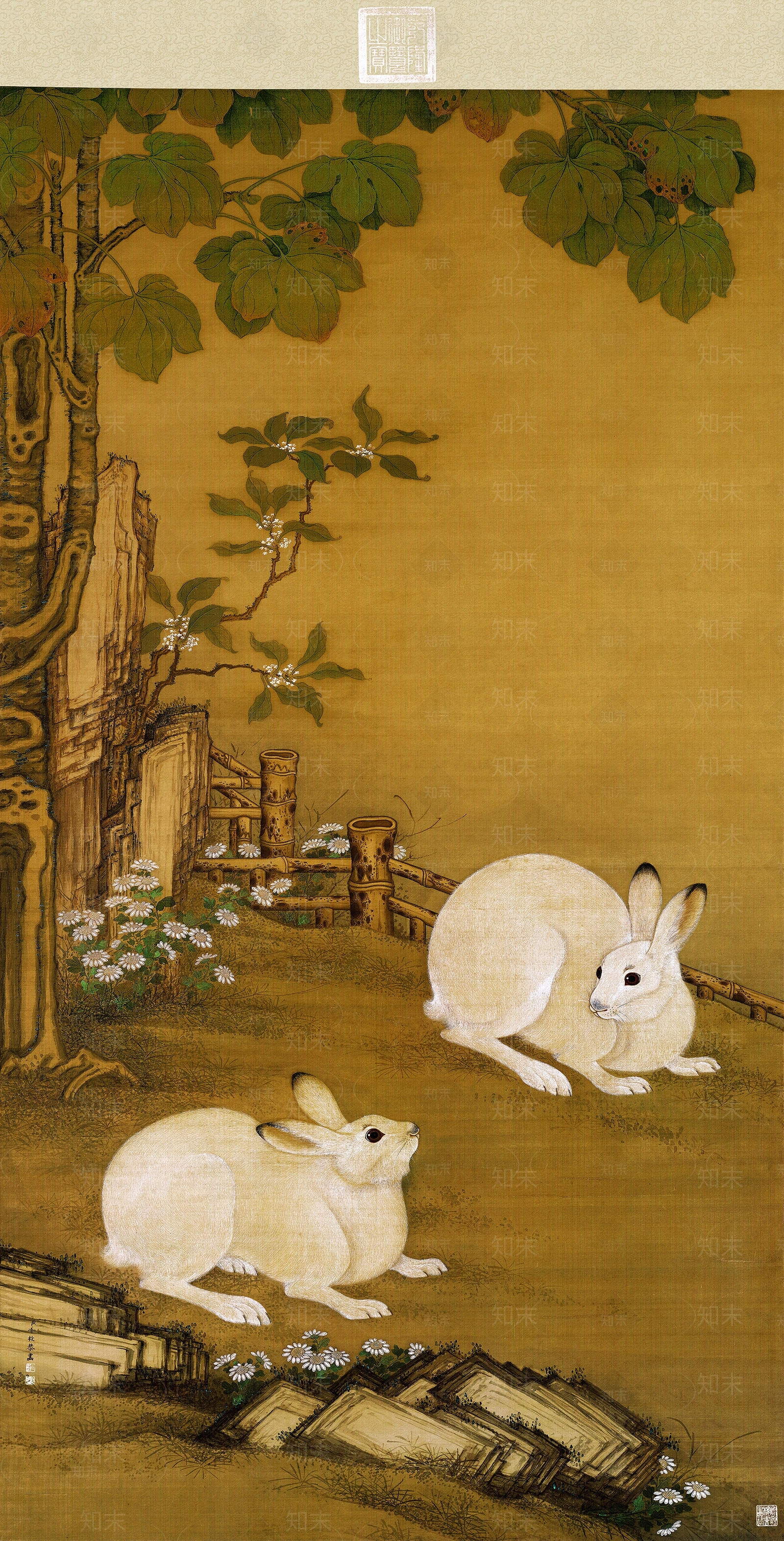 梧桐双兔图中式画贴图下载【ID:1133540664】