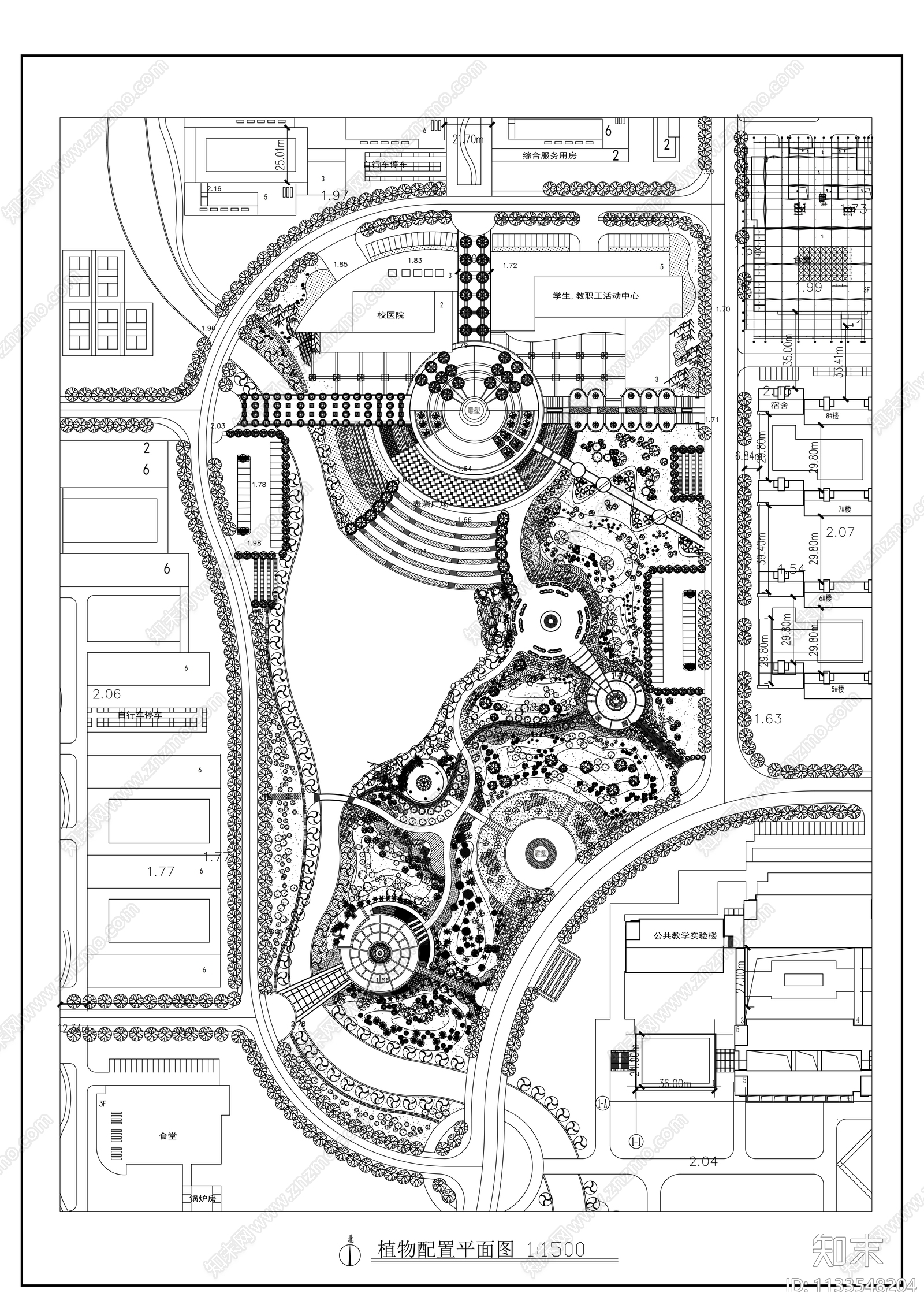 某学院新校区景观绿化平面布置图cad施工图下载【ID:1133548204】