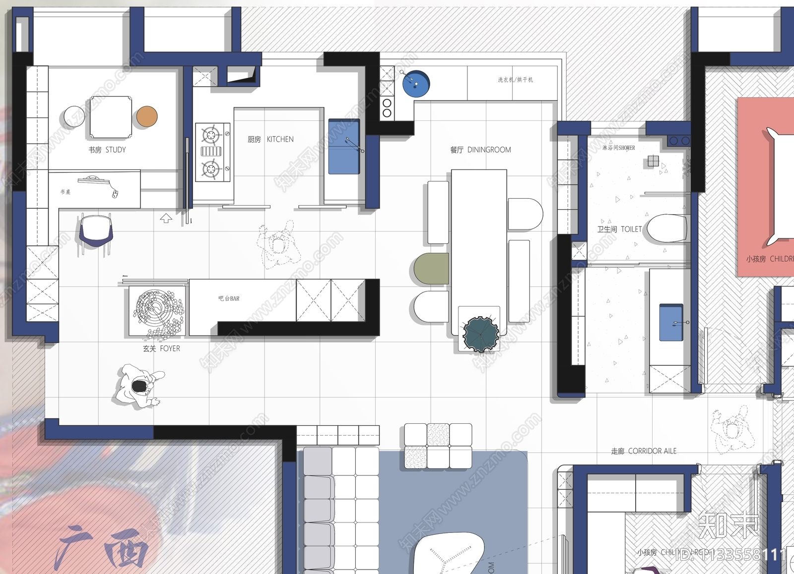 143平家装平面布置图cad施工图下载【ID:1133558111】